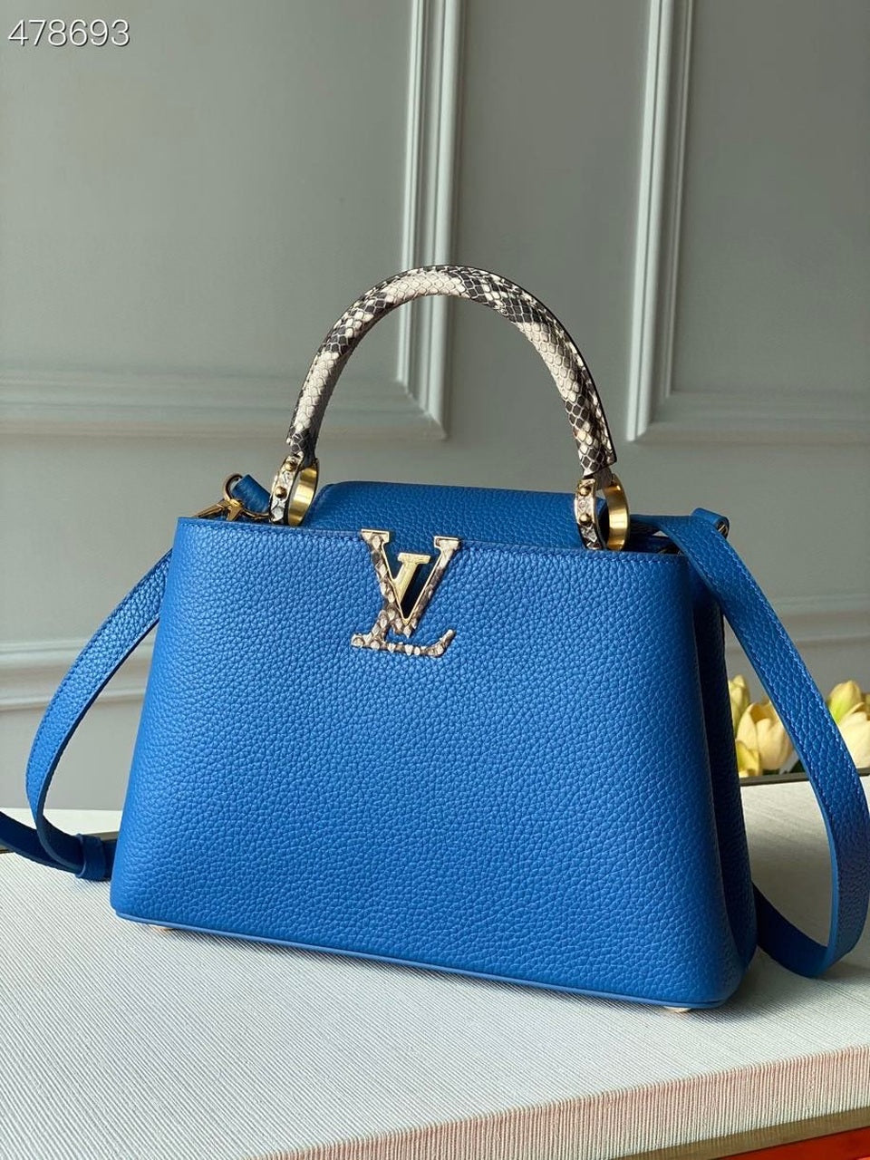 編み込みカプシーヌ パイソンハンドルバッグ 27cm トリヨンレザー 春夏コレクション ブルー (代金引換)