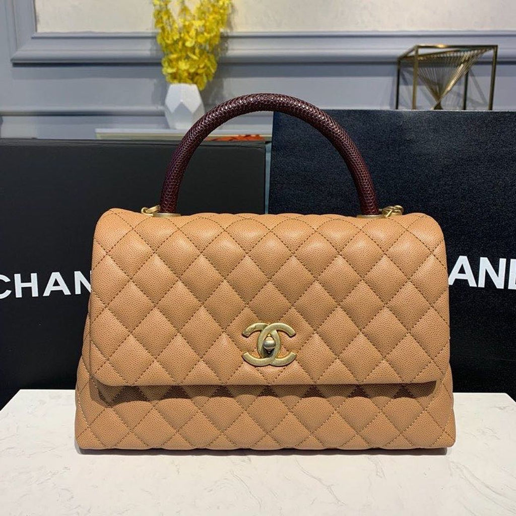 ココハンドル キルティング リザード ハンドル バッグ 28cm キャビアレザー ゴールド金具 春夏 コレクション ブラウン (代金引換)