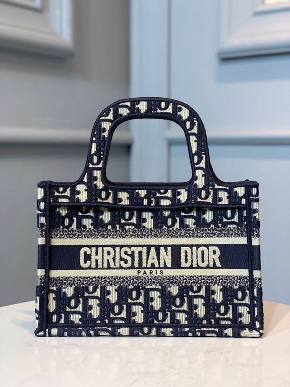 ミニ ブック トート バッグ 22cm オブリーク 刺繍キャンバス 春夏コレクション ブルー (代金引換)